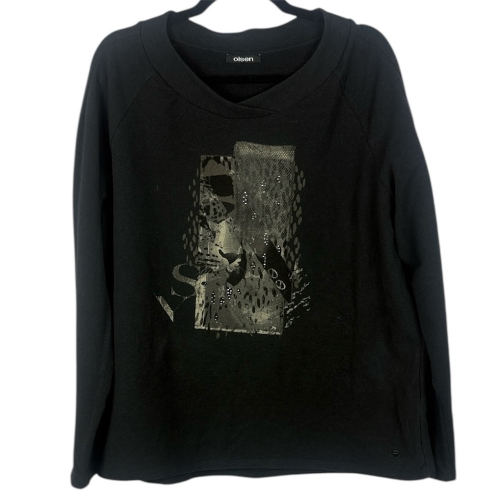 Olsen Black Cotton Blend Casual Graphic Long Sleeve Large Pullover Sweatshirt